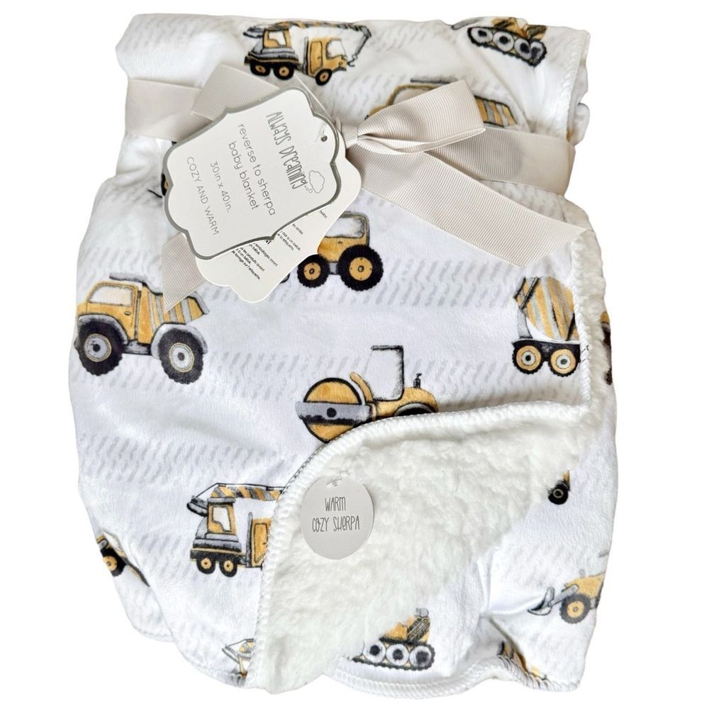 Always Dreaming Construction Vehicles Reversible Sherpa Baby Blanket. 30X40. NEW